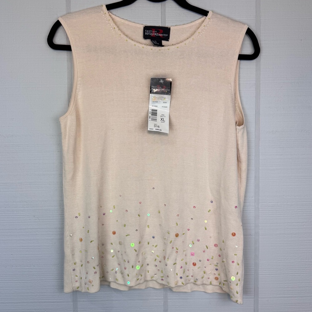 NWT Fashion Requirements Cream Knit Sleeveless Top Colorful Beaded Sequins XL